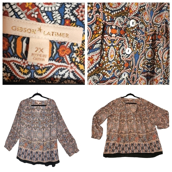 Gibson & Latimer Paisley Floral Flowy Blouse Size 2X Roll Tab Sleeves - Picture 6 of 12